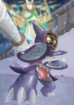  2others armor claws colored_skin digimon digimon_(creature) grey_sky highres holding holding_weapon kotemon mask multiple_others no_humans outdoors purple_skin rain sky wall wata_neji weapon yaksamon yellow_eyes 