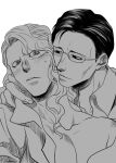  2boys black_hair blonde_hair breasts cleavage glasses hair_slicked_back hinrigh_biganduffno history1357 hunter_x_hunter ken&#039;i_wang long_hair looking_at_another looking_at_viewer male_focus monochrome multiple_boys off_shoulder pectorals shirt short_hair simple_background upper_body wavy_hair white_background white_shirt yaoi 