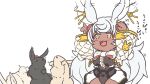  1girl :3 animal_ears center_frills chibi dark-skinned_female dark_skin ear_wiggle eyeshadow frills granblue_fantasy hair_ribbon highres leotard long_hair makeup makura_(granblue_fantasy) open_mouth rabbit rabbit_ears rabbit_girl rabbit_pose red_eyeshadow ribbon smile solo very_long_hair waraibito white_hair yellow_eyes 