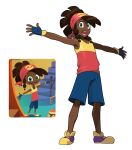  1girl brown_hair collarbone dark-skinned_female dark_skin fingerless_gloves full_body gloves green_eyes grubbin hairband highres joeadok looking_at_viewer open_mouth pokemon pokemon_(game) reference_inset shirt sleeveless sleeveless_shirt solo standing transparent_background 