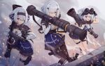  3girls at4 at4_(girls&#039;_frontline) black_pantyhose blue_eyes blue_skirt breasts cleavage embers eyes_visible_through_hair feet_out_of_frame fingerless_gloves girls&#039;_frontline gloves goggles goggles_on_head gun hair_ornament hair_over_one_eye hairband handgun highres holding holding_gun holding_rocket_launcher holding_weapon holster holstered medium_breasts miniskirt multiple_girls necktie night_vision_device official_art over_shoulder pantyhose partially_fingerless_gloves pleated_skirt rebar rocket_launcher shirt shoes short_hair single_thighhigh skindentation skirt smoke snap-fit_buckle socks submachine_gun tactical_clothes tec-9 terras thigh_holster thigh_pouch thigh_strap thighhighs weapon weapon_over_shoulder white_hair white_shirt 