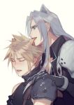  2boys animal_ears armor biting black_gloves black_skirt blonde_hair blush cat_ears closed_eyes cloud_strife crying ear_piercing final_fantasy final_fantasy_vii gloves grey_hair hand_on_another&#039;s_shoulder highres long_hair male_focus multiple_boys open_mouth otsuatsushi pauldrons piercing sephiroth sharp_teeth shirt shoulder_armor simple_background single_pauldron skirt sleeveless sleeveless_shirt spiked_hair teeth turtleneck yaoi 