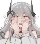  1girl @_@ absurdres arknights bare_shoulders blush commentary_request covering_face grey_hair hands_up highres horns long_hair looking_at_viewer mudrock_(arknights) nose_blush off_shoulder pink_eyes solo upper_body wawamachi_(wawamachis) 
