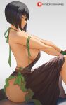  1girl araneesama arm_ribbon backless_outfit black_hair bob_cut breasts brown_eyes from_side god_eater god_eater_burst green_ribbon halterneck highres knees_up large_breasts looking_to_the_side paid_reward_available patreon_username ribbon short_hair sideboob sideless_outfit simple_background sitting solo tachibana_sakuya_(god_eater) 