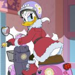  1girl alternate_costume ass beak belt bird_girl black_eyes black_thighhighs blue_sclera blush body_fur boots closed_mouth clothing_cutout colored_sclera commentary_request daisy_duck day disney dress driving english_text eyelashes from_behind fur-trimmed_dress fur-trimmed_footwear fur-trimmed_sleeves fur_collar fur_trim furry furry_female gloves half-closed_eyes happy heart helmet houndstooth lipstick_mark long_sleeves looking_back medium_hair mirror moped motor_vehicle motorcycle_helmet oira_wa_arumajiro outdoors ponytail purple_headwear red_dress red_footwear red_gloves reflection riding short_dress sitting smile solo star_(symbol) sticker tail tail_through_clothes thighhighs translated white_fur white_hair 