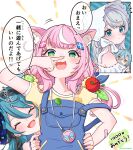  animal_ear_fluff animal_ears bandaid bandaid_on_arm black_hair blue_eyes blue_hair blue_overalls blush bonnet bow cat_ears cat_girl commentary green_eyes grey_hair hand_on_own_hip highres jewelry long_hair low_twintails mugimugigo multicolored_hair necklace nijisanji nijisanji_kr oh_jiyu overalls pink_hair ryu_hari shirt streaked_hair symbol-only_commentary translation_request twintails very_long_hair white_bow white_hair yang_nari yellow_shirt 