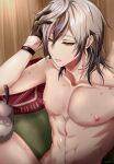  1boy absurdres bird bishounen bite_mark black_gloves blush breasts brown_hair bruise father_(nu_carnival) gloves grey_hair hickey highres injury looking_to_the_side male_focus mole mole_on_breast mole_under_mouth nipples nu_carnival owl pectorals rei_(nu_carnival) short_hair tassel yadome810 yellow_eyes 