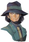  1boy archived_source bad_id bad_twitter_id beard black_hair black_headwear blue_shirt close-up closed_mouth commentary_request facial_hair hat highres jacket jigen_daisuke korean_commentary looking_to_the_side lupin_iii male_focus medium_hair mulmulgogibbq necktie one_eye_covered shirt simple_background solo white_background yellow_necktie 