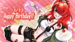  1girl bandeau bangs bare_shoulders black_hair black_shorts breasts cake cake_slice commentary_request food fork green_jacket grey_eyes grin hair_over_one_eye happy_birthday holding holding_fork jacket lain_paterson large_breasts long_hair looking_at_viewer midriff multicolored_hair navel nijisanji off_shoulder open_clothes open_jacket ottotto_(ototo) ponytail pouch red_hair short_shorts shorts smile solo stomach strapless streaked_hair suspenders thigh_strap thighs tube_top 