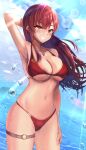  1girl absurdres arm_behind_head arm_up armpits bikini blue_sky blush breasts cleavage cloud cowboy_shot day floating_hair grin heart heart_necklace heterochromia highres hololive houshou_marine houshou_marine_(summer) jewelry large_breasts long_hair navel necklace ocean outdoors raizero red_bikini red_eyes red_hair skindentation sky smile solo stomach sunlight swimsuit teeth thigh_strap thighs virtual_youtuber water wet yellow_eyes 
