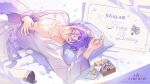  1boy animal_ears artist_request bishounen character_name commentary copyright_name english_commentary envelope falling_petals fox_ears gift happy_birthday highres japanese_clothes kimono kuya_(nu_carnival) looking_at_viewer lying male_focus nu_carnival official_art official_wallpaper on_back one_eye_closed petals pillow purple_hair purple_kimono purple_nails solo toned toned_male yellow_eyes 