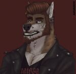  2021 acidwuff anthro artist_name beard black_clothing black_topwear blue_eyes brown_beard brown_body brown_fur brown_hair bust_portrait canid clothed clothing dated ear_piercing facial_hair facial_piercing fur gauged_ear hair hi_res lip_piercing lip_stud looking_at_viewer male mammal multiple_piercings nose_piercing nose_ring nostril_ring piercing portrait red_background ring_piercing simple_background solo topwear white_body white_fur 