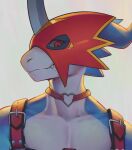  absurd_res aidennguyen17 anthro armor athletic athletic_anthro athletic_male bandai_namco blue_body choker digimon digimon_(species) flamedramon headgear helmet hi_res jewelry leather looking_at_viewer male necklace pecs red_eyes scalie solo straps 