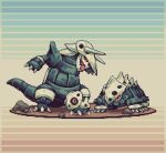  abstract_background aggron alternate_color armlet aron closed_mouth dutch_angle empty_eyes evolutionary_line horns lairon looking_at_viewer looking_up open_mouth outstretched_arms pixel_art pokemon pokemon_(creature) red_eyes rock roseypixels shiny_pokemon size_difference skull_ornament smile spikes 