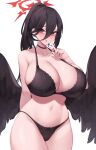  1girl alternate_costume arm_behind_back bare_shoulders black_bra black_choker black_hair black_panties black_wings blue_archive blush bra breasts choker collarbone commentary cowboy_shot feathered_wings groin hair_between_eyes halo hand_up hasumi_(blue_archive) high_ponytail highres huge_breasts index_finger_raised kuavera low_wings navel paid_reward_available panties raised_eyebrows red_eyes sideboob simple_background skindentation solo stomach sweatdrop thick_thighs thighs underwear underwear_only white_background wings 