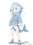  1girl animal_hood artist_request blue_eyes blue_hair fins fish_tail gawr_gura hololive hololive_english hood hoodie looking_at_viewer medium_hair shark_girl shark_hood shark_print shark_tail shoes smile sneakers tail virtual_youtuber white_hair 