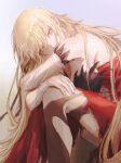  ._(kometto333) 1girl bare_shoulders blonde_hair breasts dress elbow_gloves gloves gradient_background highres large_breasts long_hair looking_at_viewer monogatari_(series) off-shoulder_dress off_shoulder oshino_shinobu pointy_ears red_dress sagging_breasts sideboob simple_background sitting solo strapless strapless_dress very_long_hair white_gloves yellow_eyes 