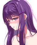  1girl blush collarbone doki_doki_literature_club hair_ornament hairclip little_colors long_hair open_mouth purple_eyes purple_hair say0ri sidelocks white_background yuri_(doki_doki_literature_club) 