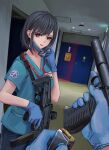  1girl absurdres b&amp;t_apc b&amp;t_vp9 black_hair blue_eyes blue_pants blue_shirt gun handgun highres hospital lanyard lithographica mask mouth_mask original pants pov reloading shirt submachine_gun suppressor surgical_mask weapon 