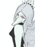  2023 amber_eyes anthro dark_rya digital_drawing_(artwork) digital_media_(artwork) dinosaur eyelashes eyeliner fang_(gvh) feathered_wings feathers female goodbye_volcano_high grey_body grey_scales hair halter_top hi_res long_hair looking_at_viewer looking_back looking_back_at_viewer makeup pterodactylus pterosaur reptile scales scalie silver_hair simple_background smile snoot_game snout solo white_background wings 