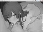  1boy 1girl all_fours ass blur_censor blush censored completely_nude cum cum_in_mouth fellatio from_above hetero highres idolmaster idolmaster_shiny_colors long_hair looking_at_viewer looking_up misekai_555 monochrome nude open_mouth oral osaki_amana penis procreate_(software) solo_focus sweat swept_bangs 