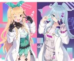  2girls blonde_hair blue_eyes blue_hair blue_wings commentary double_v elira_pendora elira_pendora_(1st_costume) english_commentary grey_overalls hair_ornament hair_over_one_eye halterneck head_wings highres kenken_(keuken) long_hair multicolored_hair multiple_girls nijisanji nijisanji_en one_eye_closed one_eye_covered overall_shorts overalls pointy_ears pomu_rainpuff pomu_rainpuff_(1st_costume) red_eyes turing_love v virtual_youtuber white_hair wings x_hair_ornament 