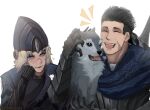  1boy 1girl :d absurdres animal armor artist_name artorias_the_abysswalker black_hair blonde_hair blush clenched_hand closed_eyes dark_souls_(series) dark_souls_i fang gauntlets great_grey_wolf_sif hand_up happy helmet highres lord&#039;s_blade_ciaran no_headwear notice_lines satsu-strive short_hair smile teeth tongue upper_teeth_only wolf yellow_eyes 
