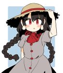  1girl black_hair blush braid brown_headwear buttons dress grey_dress hat ini_(inunabe00) long_earlobes long_hair looking_at_viewer open_mouth puffy_short_sleeves puffy_sleeves red_eyes short_sleeves solo straw_hat touhou twin_braids upper_body yatadera_narumi 