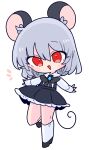  1girl adapted_costume animal_ears black_bow black_bowtie black_dress black_footwear bow bowtie crystal dress dress_shirt grey_hair highres long_sleeves mouse_ears mouse_girl mouse_tail nazrin op_na_yarou red_eyes shirt shoes short_hair simple_background smile socks solo suspenders tail touhou white_background white_shirt 
