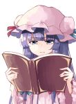  1girl blue_bow blue_ribbon book bow closed_mouth deetamu dress hair_bow hat hat_ribbon highres holding holding_book long_hair long_sleeves mob_cap patchouli_knowledge pink_dress pink_headwear purple_eyes purple_hair reading red_bow red_ribbon ribbon simple_background solo touhou upper_body white_background wide_sleeves 