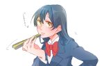  1girl blazer blue_hair blue_jacket blush bow bowtie collared_shirt commentary_request dress_shirt hair_between_eyes highres jacket kashikaze long_hair long_sleeves love_live! love_live!_school_idol_project otonokizaka_school_uniform parted_lips red_bow red_bowtie school_uniform shirt simple_background solo sonoda_umi sweatdrop translation_request upper_body white_background white_shirt yellow_eyes 