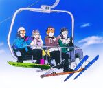  2boys 2girls aoyagi_touya azusawa_kohane beanie black_hair black_headwear black_pants blue_hair blue_jacket blue_pants blue_sky brown_eyes brown_hair closed_mouth daiye_(kkmcndsf) gloves gradient_hair hat highres jacket mittens multicolored_hair multiple_boys multiple_girls orange_hair pants project_sekai purple_jacket same_dreams_same_colors_(project_sekai) shinonome_akito shinshun!_shishimai_robo_no_oshougatsu_show!_(project_sekai) shiraishi_an short_twintails ski_gear ski_goggles ski_lift skis sky streaked_hair twintails vivid_bad_squad_(project_sekai) white_gloves 