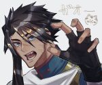  1boy black_hair blonde_hair blue_eyes chinese_clothes claw_pose dark-skinned_male dark_skin fate/grand_order fate_(series) fingerless_gloves front_ponytail gloves hair_between_eyes haruakira highres huang_feihu_(fate) long_hair looking_at_viewer male_focus multicolored_hair open_mouth portrait scar scar_on_cheek scar_on_face scar_on_nose solo streaked_hair thick_eyebrows translation_request 
