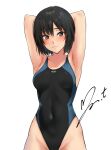  1girl amagami armpits arms_behind_head black_eyes black_hair black_one-piece_swimsuit blue_one-piece_swimsuit blush bob_cut breasts closed_mouth commentary_request competition_swimsuit covered_navel hair_between_eyes highleg highleg_swimsuit light_smile looking_at_viewer medium_breasts nanasaki_ai one-piece_swimsuit short_hair signature simple_background solo swimsuit two-tone_swimsuit white_background yoo_tenchi 
