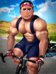  1boy artisticjinsky bara bicycle black_hair black_shorts blush bulge day erection erection_under_clothes fingerless_gloves gloves highres large_pectorals looking_at_viewer male_focus muscular muscular_male nipples original outdoors pectorals red_gloves riding riding_bicycle short_hair shorts smile solo thick_thighs thighs 