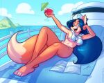  2023 anthro arm_support beverage bikini blue_eyes blue_hair boat breasts canid canine clothing container cup dipstick_tail drinking_glass eyebrow_through_hair eyebrows feet female fox fur glass glass_container glass_cup glistening glistening_body glistening_breasts glistening_hair hair hi_res holding_beverage holding_object long_hair looking_at_viewer lying magazine mammal markings navel neckerchief on_back open_mouth open_smile orange_body orange_fur outside plantigrade psicoyote sailor_hat seaside smile solo swimwear tail tail_markings tan_body tan_fur translucent translucent_hair vehicle watercraft 