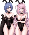  2girls animal_ears arm_under_breasts ass_visible_through_thighs bare_legs bare_shoulders black_bow black_bowtie black_corset black_leotard blue_eyes blue_hair bocchi_the_rock! bow bowtie breasts coat collarbone corset covered_navel cowboy_shot cube_hair_ornament fake_animal_ears gotoh_hitori groin hair_ornament hair_over_one_eye hairclip highleg highleg_leotard highres jacket kushinaka large_breasts leotard medium_breasts mole mole_under_eye multiple_girls off_shoulder open_mouth pink_hair pink_jacket playboy_bunny rabbit_ears revision short_hair simple_background sleeveless thigh_gap thighs track_jacket white_background yamada_ryo yellow_eyes 