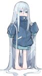  1girl absurdly_long_hair absurdres barefoot blue_eyes blue_jacket full_body grey_hair hair_between_eyes highres jacket long_hair looking_at_viewer project_sekai simple_background sleeves_past_fingers sleeves_past_wrists solo standing tsune_(tune) very_long_hair white_background yoisaki_kanade 