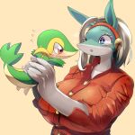  blue_eyes boku_no_hero_academia furry furry_female headphones highres holding holding_pokemon ippan_josei lets0020 medium_hair open_mouth orange_shirt pokemon pokemon_(creature) shirt simple_background snivy upper_body white_hair 