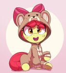  1girl animal_hood apple_bloom brown_eyes highres hood hoodie looking_at_viewer my_little_pony my_little_pony:_friendship_is_magic no_humans open_mouth pabbley pink_hair pony_(animal) solo yellow_fur 