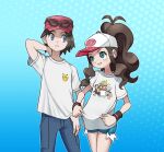  1boy 1girl antenna_hair baseball_cap black_wristband blue_background blush brown_hair calem_(pokemon) commentary eyewear_on_headwear grey_eyes hand_up hat highres hilda_(pokemon) hyo_oppa long_hair pants parted_lips pokemon pokemon_(game) pokemon_bw pokemon_xy print_shirt shirt shirt_tug short_hair short_shorts short_sleeves shorts sidelocks sunglasses t-shirt white_headwear white_shirt 