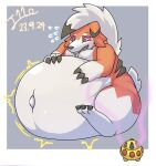  2023 3_fingers 3_toes anthro belly big_belly biped digital_media_(artwork) feet fingers generation_7_pokemon hi_res hyper hyper_belly j1110_tanuki lycanroc male midnight_lycanroc navel nintendo nude pokemon pokemon_(species) simple_background solo thick_thighs toes 