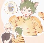  2boys :o animal_costume animal_ears animal_hands bakugou_katsuki bell belt_collar black_shirt blonde_hair blush bodysuit boku_no_hero_academia bottle brown_background cat_costume cat_ears cat_paws cat_symbol cat_tail claws closed_mouth collar commentary cosplay costume cropped_torso curly_hair english_text fingernails freckles green_eyes green_hair green_pupils hand_grab hands_up head_tilt jingle_bell kigurumi looking_at_another looking_at_hand looking_at_viewer looking_down male_focus meltnotmelt midoriya_izuku multiple_boys multiple_views open_mouth outline paw_pose profile red_eyes shirt short_hair short_sleeves sparkle speech_bubble spiked_hair spoken_food surprised symbol-only_commentary t-shirt tail teeth twitter_username two-tone_background upper_teeth_only v-shaped_eyebrows whiskers white_background white_outline wide-eyed 