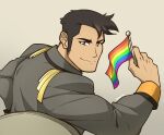  1boy bara black_eyes black_hair flag grey_background holding holding_flag kuroshinki looking_at_viewer male_focus military_coat mini_flag rainbow_flag short_hair sideburns signature smile solo split_mouth takashi_shirogane voltron:_legendary_defender voltron_(series) 