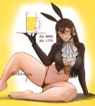  1girl arm_support bare_legs barefoot beer_mug black_gloves black_hairband black_jacket black_nails black_panties breasts brown_hair bunny_day character_request chiba_shuusaku copyright_request cropped_jacket cropped_shirt crossed_bangs cup earrings english_text feet foot_out_of_frame glasses gloves hair_between_eyes hairband highleg highleg_panties holding jacket jewelry knee_up large_breasts leaning_to_the_side legs long_sleeves looking_at_viewer mug nail_polish navel panties sharp_teeth shirt solo stomach teeth thighs toenail_polish toenails toes twitter_username two-tone_background underwear white_background white_shirt yellow_background 