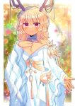  1girl antlers blonde_hair blue_choker blurry blurry_background blush choker closed_mouth collarbone commentary_request commission copyright_request depth_of_field dress hand_up kou_hiyoyo long_hair long_sleeves off-shoulder_dress off_shoulder red_eyes skeb_commission sleeves_past_wrists smile solo virtual_youtuber white_dress wide_sleeves 