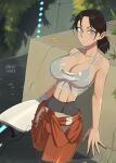  1girl aperture_science_handheld_portal_device barleyshake black_hair bra breasts chell cleavage cowboy_shot grass grey_bra grey_eyes highres large_breasts leaf linea_alba looking_at_viewer navel orange_pants pants partially_submerged plant ponytail portal_(series) see-through see-through_shirt shirt short_hair solo tank_top underwear wet wet_clothes wet_shirt white_tank_top 