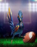  american_football_(object) ball bird blue_bird blurry commentary depth_of_field english_commentary fredward95 full_body grass highres no_humans original solo stadium_lights watermark 