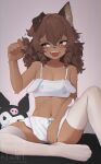  2023 anthro blush breasts canid canine canis clothed clothing digital_media_(artwork) domestic_dog female female_anthro fur hair hi_res kemono legwear long_hair looking_at_viewer mammal navel solo thigh_highs yoako 