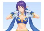  1girl blue_hair border breasts cleavage commentary_request gloves highres judith_(tales) large_breasts long_hair midriff miura-n315 pointy_ears purple_eyes purple_hair short_sleeves smile solo tales_of_(series) tales_of_vesperia white_border 
